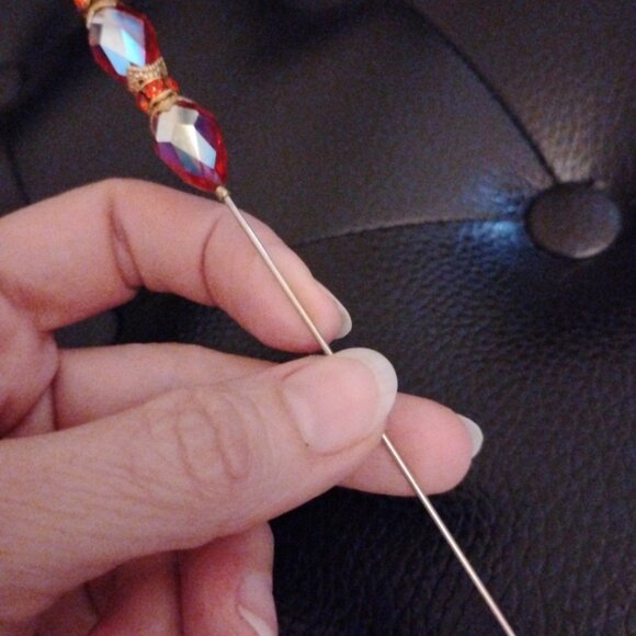 Hat Pin Stick Radiant Red Beads with Accents of Gold Decorations Length ~ 5.5' - Picture 5 of 10